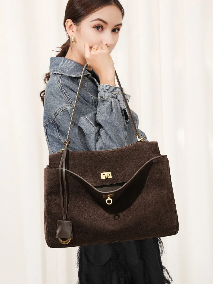 秋冬レディーススエード本革バッグ ショルダーハンドバッグ 大 - Women Bags On Sale のレビューと価格