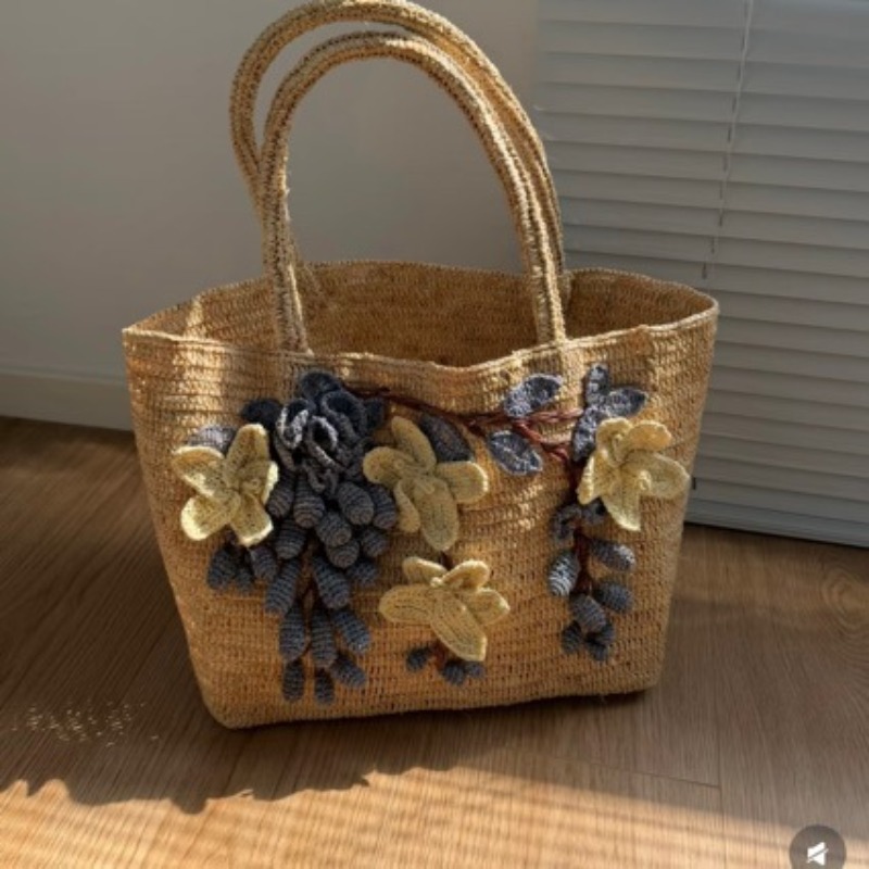新しい手作りラフィア3Dローズハンドバッグ、手編みフックビー - Women'S Raffia Bags のレビューと価格