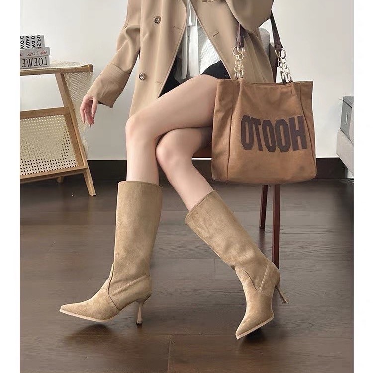 牛革スエードミッドカーフモダンブーツ細ヒールハイヒールレディ - Women Bags On Sale のレビューと価格