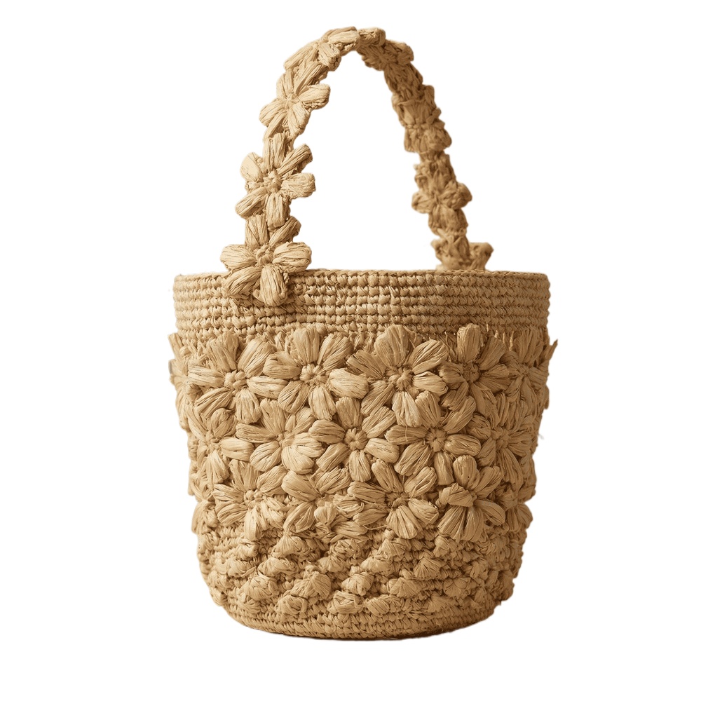 女性用サマーラフィア織りバケットバッグ　手作りクロシェフラワ - Women'S Raffia Bags のレビューと価格